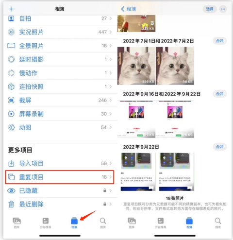 武陵源苹果手机维修分享iOS 16 中相册重复项目功能使用方法 