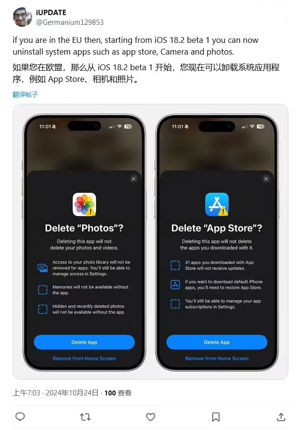 武陵源苹果手机维修分享iOS 18.2 支持删除 App Store 应用商店 