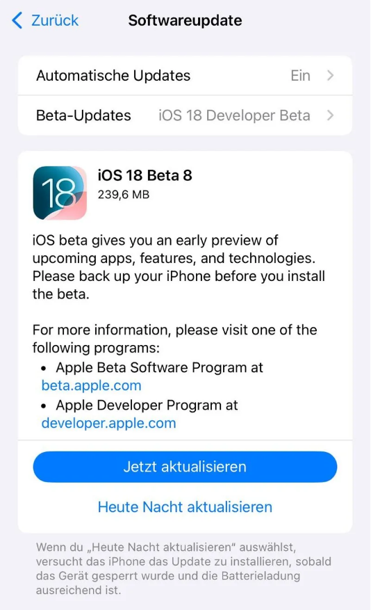 武陵源苹果手机维修分享苹果 iOS / iPadOS 18 开发者预览版 Beta 8 发布 